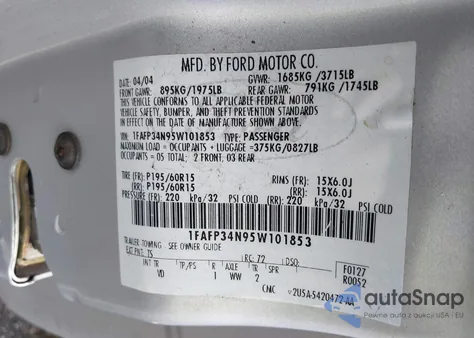 2005 Ford Focus Zx4 из США, поврежденный, VIN 1FAFP34N95W101853